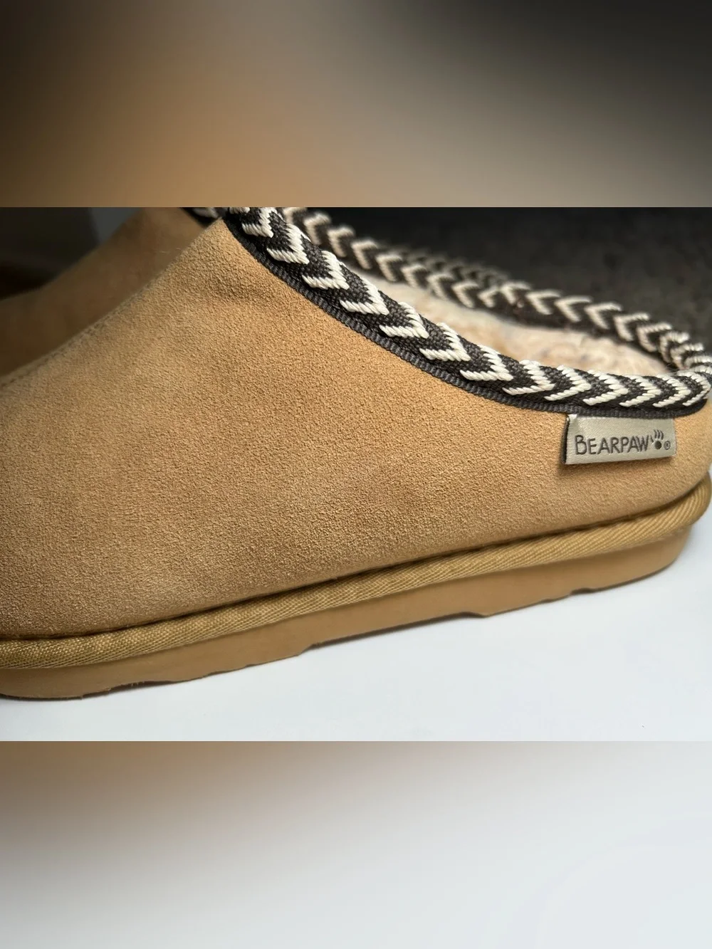 BearPaw Tan Suede Faux-Shearling Slip-On Slippers with Black & White Trim